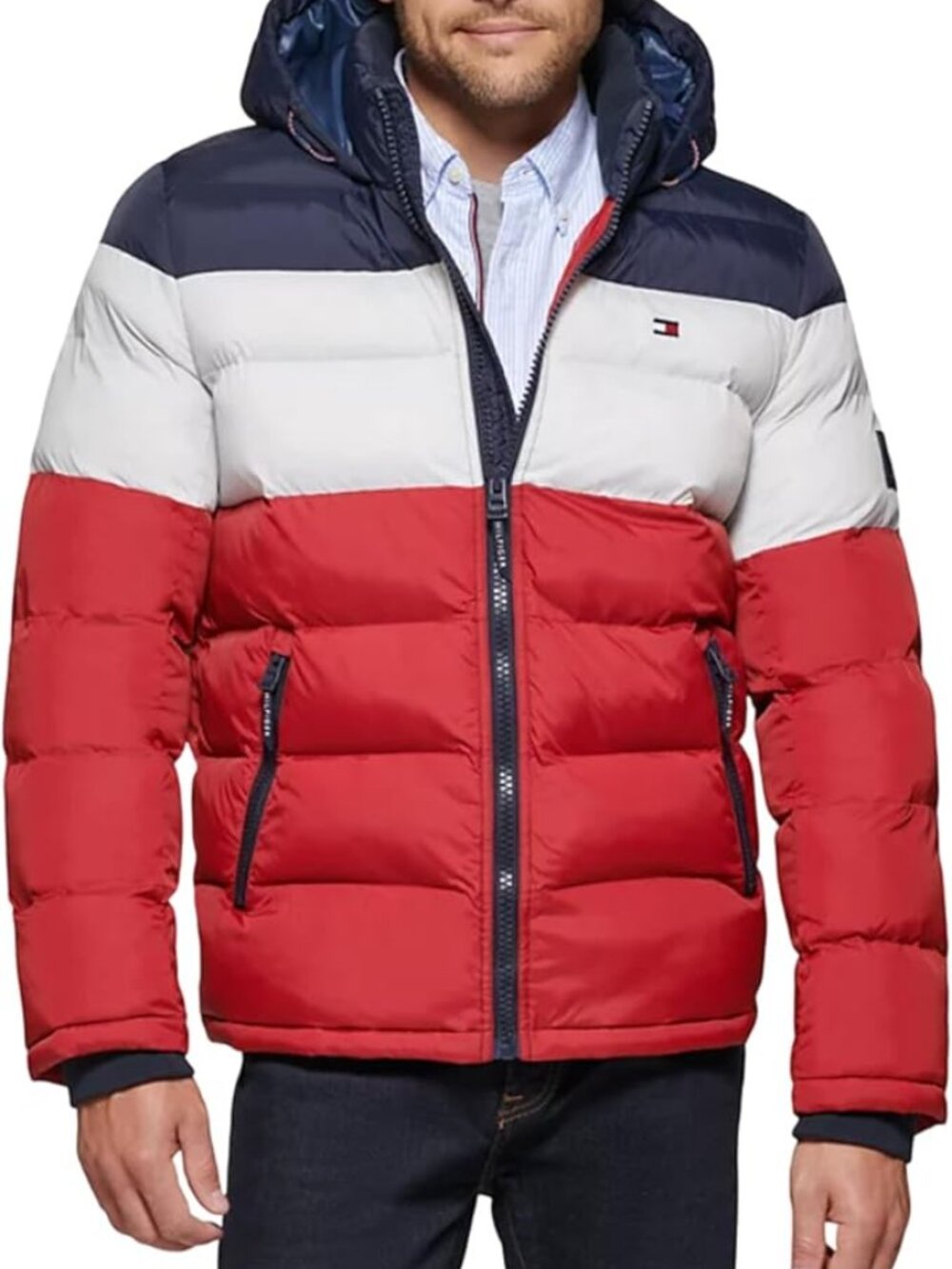 Tommy Hilfiger Men's Down Alternative Hooded Puffer Jacket, Midnight/White/Red